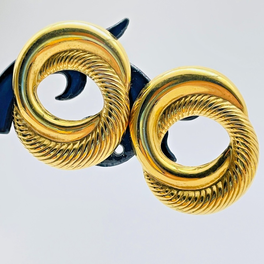 Vintage Gold Tone Earrings Swirl Circle Pierced Textured Statement Jewelry